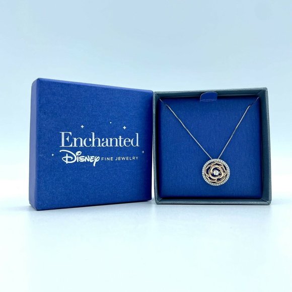 Enchanted Disney Fine Jewelry BELLE Rose Necklace Sterling Silver Diamond 1/5ct - Picture 2 of 8